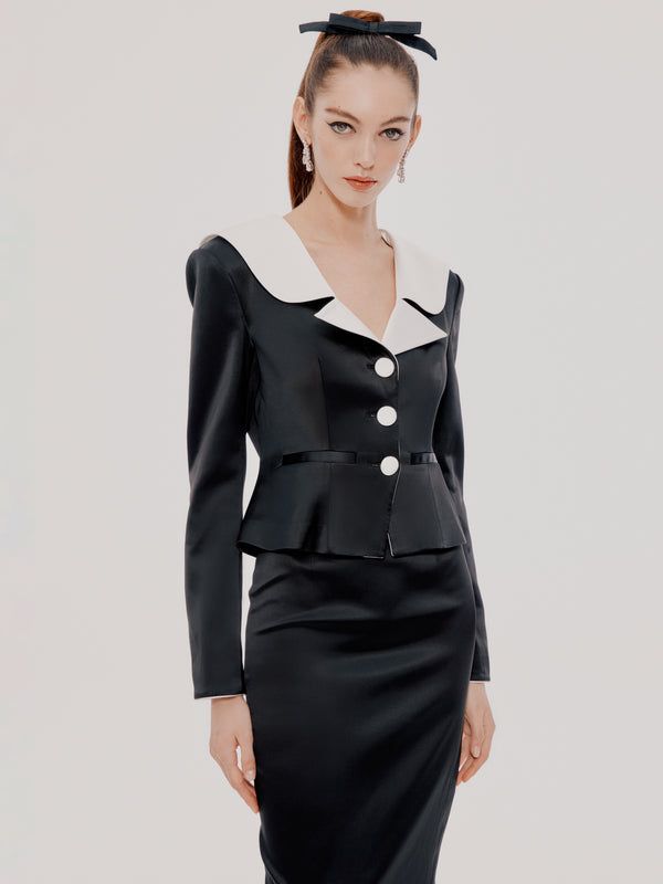 Nana Jacqueline, Collar Details, Black Velvet Blazer, 110 Lbs, Satin Jacket, Satin Jackets, Red Jumpsuit, Velvet Blazer, Satin Skirt