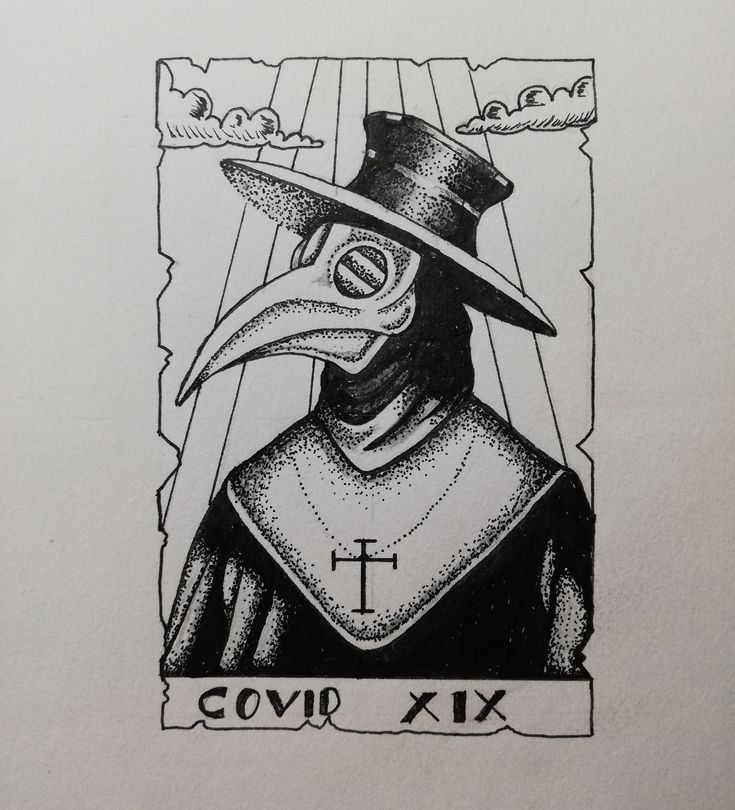 a black and white drawing of a crow wearing a hat with a cross on it