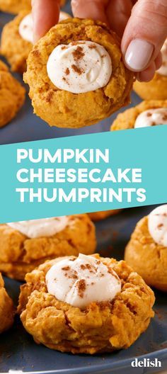 pumpkin cheesecake thumbprints on a blue plate with white frosting in the middle