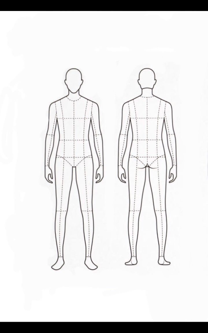 a drawing of a man's body and torso, with the measurements shown below