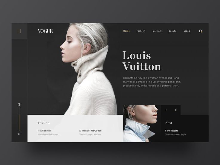 the website design for louis vuitton is shown in black and white, with an image of a woman wearing a turtle neck sweater