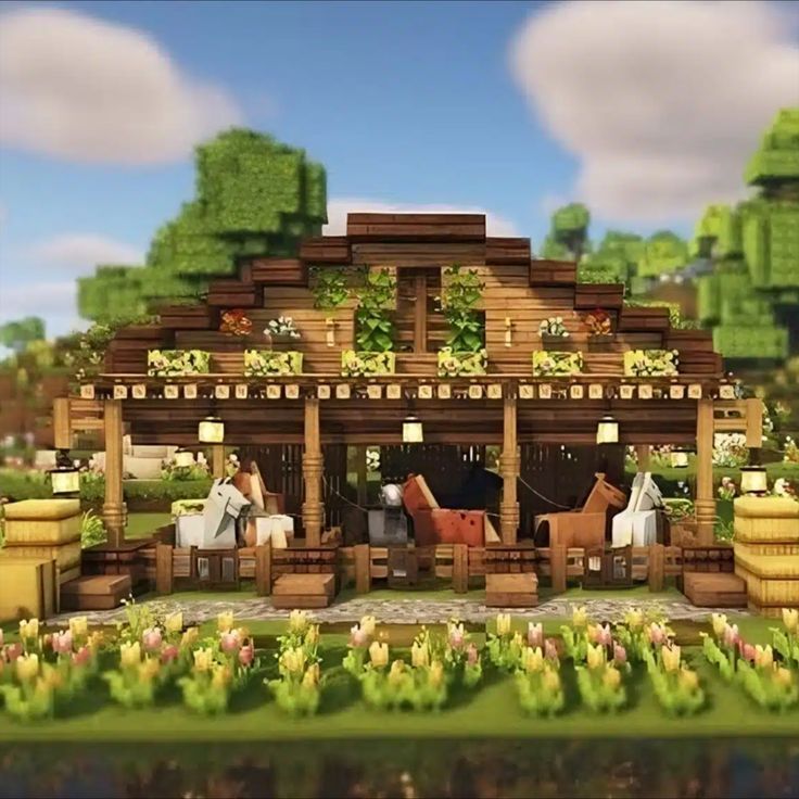 an animated image of a wooden house with horses in the yard and flowers growing on the roof