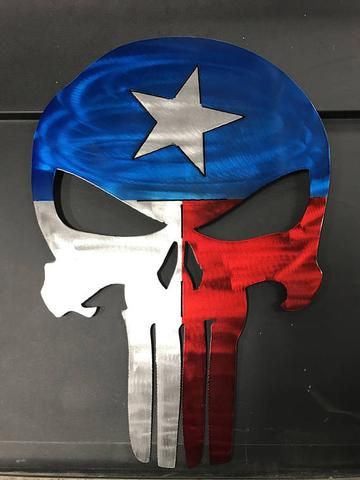 a metal skull with a red, white and blue star on it