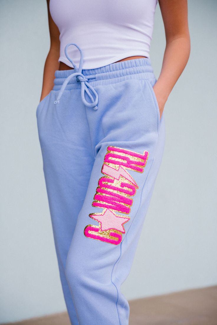 COWGIRL LIGHT BLUE JOGGERS | Judith March Preppy Bottoms, Preppy Things To Buy, Patches Ideas, Class Fits, College Class, Preppy Things, Preppy Inspiration, Things I Need To Buy, Judith March