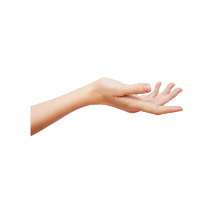 a person's hand reaching out to catch something with their left hand, against a white background