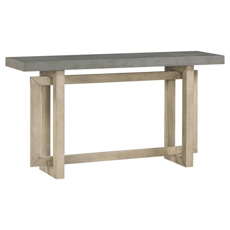 a wooden table with a concrete top and two legs on the bottom, against a white background