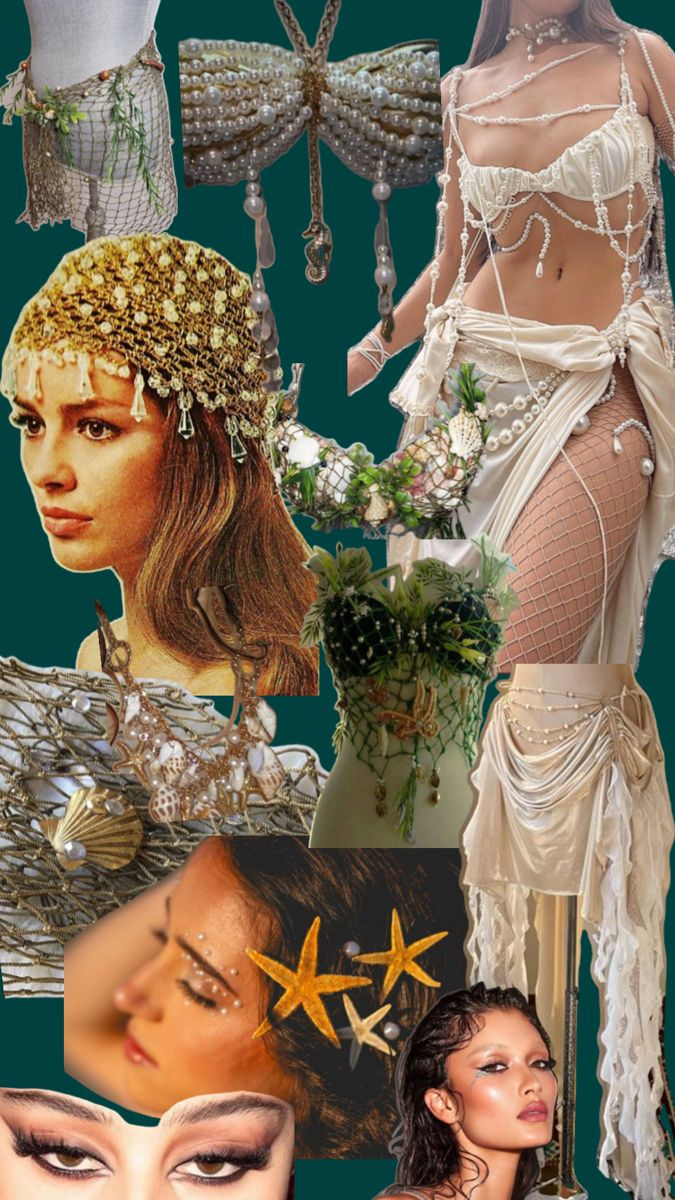 the collage shows different types of clothing and accessories, including dresses, headpieces,