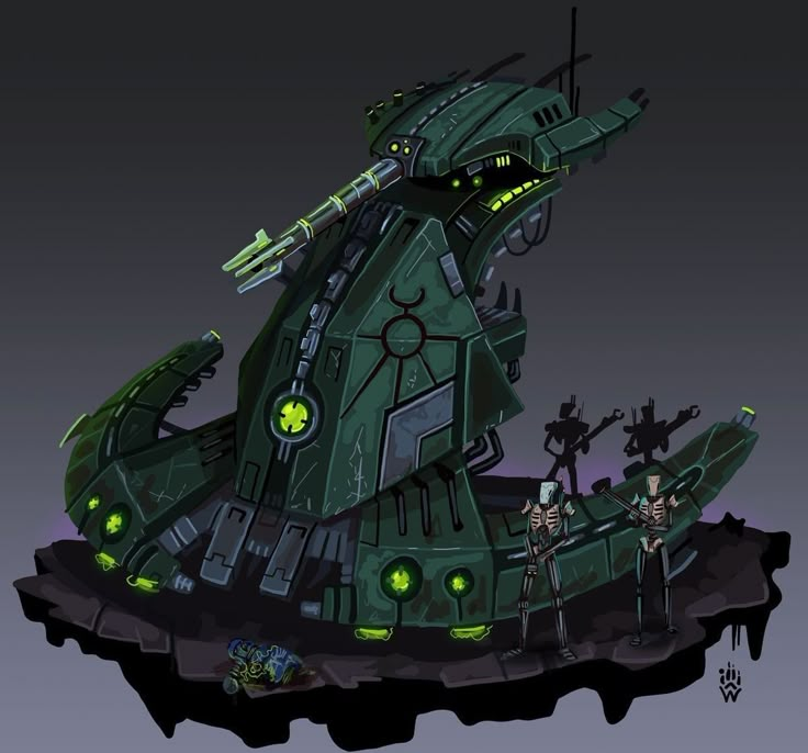 a green alien ship with skeleton figures on it's sides and two men standing next to it