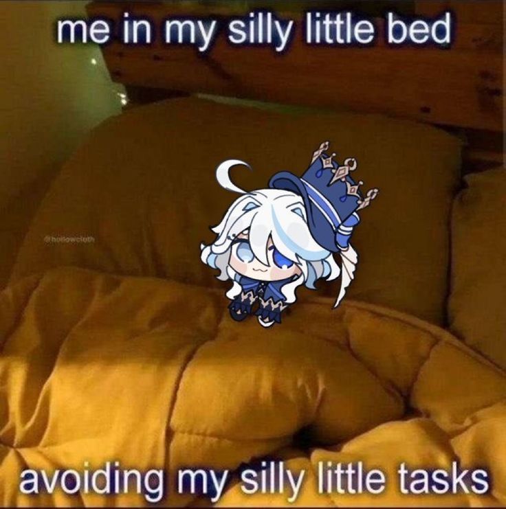 a bed with an anime character on it and the caption reads, me in my silly little bed avoiding my silly little tasks