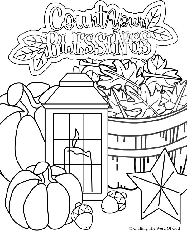 a coloring page with fruit and vegetables in the basket, stars and pumpkins on the ground