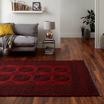 a living room filled with furniture and a red rug on top of a hard wood floor