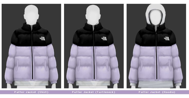 the north face's purple and black down jacket is shown in three different angles