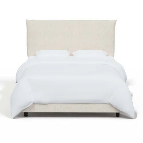 a bed with white linens and pillows on top of the headboard, in front of a white background