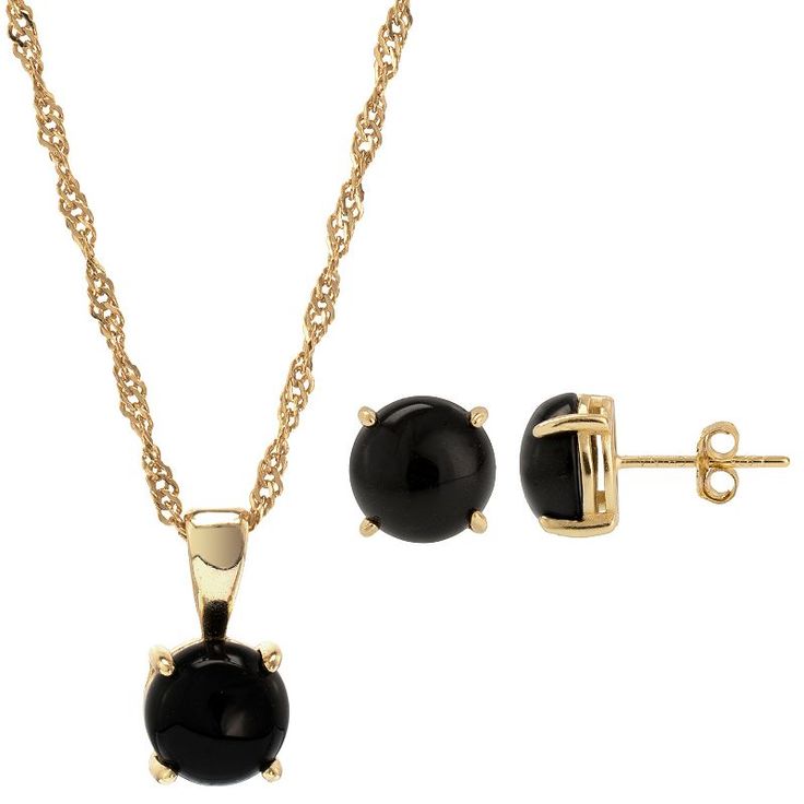 Find the perfect style with this black onyx stud earrings and necklace set by Gemistry. Find the perfect style with this black onyx stud earrings and necklace set by Gemistry. Includes: one pair of earrings and one necklace Nickel free Metal: sterling silver Chain length: 18 in. + 2-in. extender Backings: post Packaging: velvety pouch Plating: 14k gold flash plated Finish: polished Earring diameter: 8 mm x 8 mm Chain type: SingaporeSTONE DETAILS Stone type: black onyx Total weight: 6 3/4 ct. Cen Earrings Necklace Set, Earrings And Necklace Set, Earrings And Necklace, Perfect Style, Sterling Silver Chain, Earring Necklace, Black Onyx, Chain Lengths, Chain Length