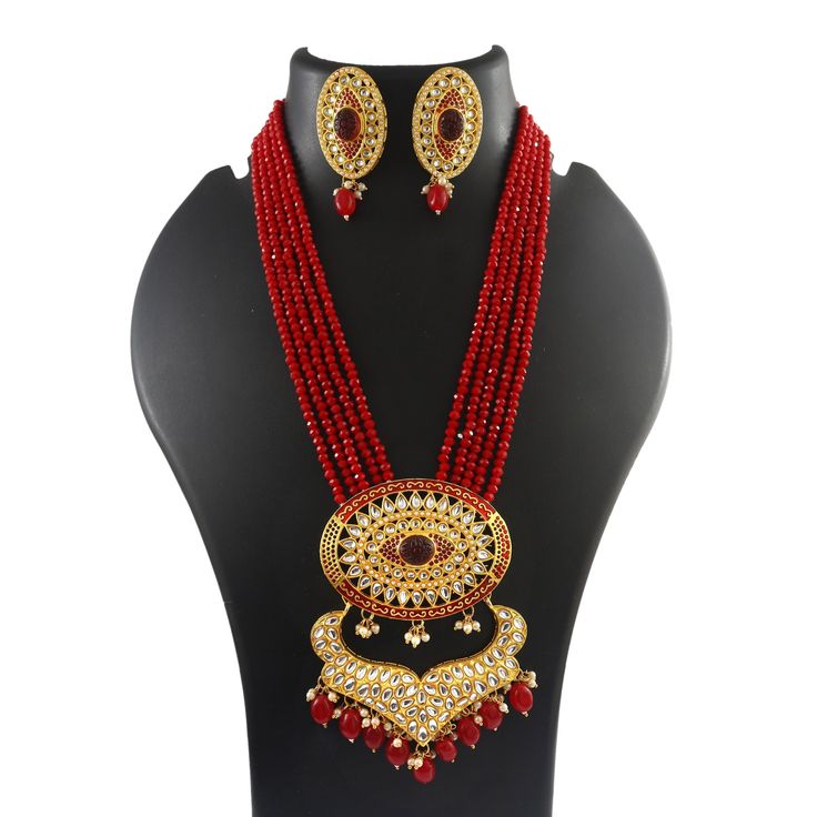 This is a stunning handmade necklace perfect for high end Jewelry Collector, a keeper in Traditional Vintage Indian/Pakistani Bridal jewelry and a Luxury Gift for your Daughter, Sister or Wife on Wedding or Anniversary. Perfect for any type of occasions, weddings And celebrations and a beautiful & memorable gift for weddings and special occasions. -Item Code:- L6018 -Red Onyx Gemstone Beaded Necklace Set with Earrings. -Designer multi layered faceted Red Onyx Gemstone beaded necklace. -Gold Plated Set with Kundan Stones which shine like Polki Diamonds. -Metal: Gold plated brass -Earrings are 55mm long & 28mm wide approx -Push Back Earrings -Necklace length with pendant 12" approx excluding adjustable dori/cord -Quantity:- One Necklace Set Please see more different designs here:- https://ww Pakistani Bridal Jewelry, Gemstone Beaded Necklace, Brass Earrings, Flower Necklace, Bridal Earrings, Earring Necklace, Handmade Necklaces, Necklace Set, Diamond Jewelry