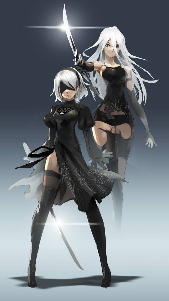 two women in black outfits holding swords