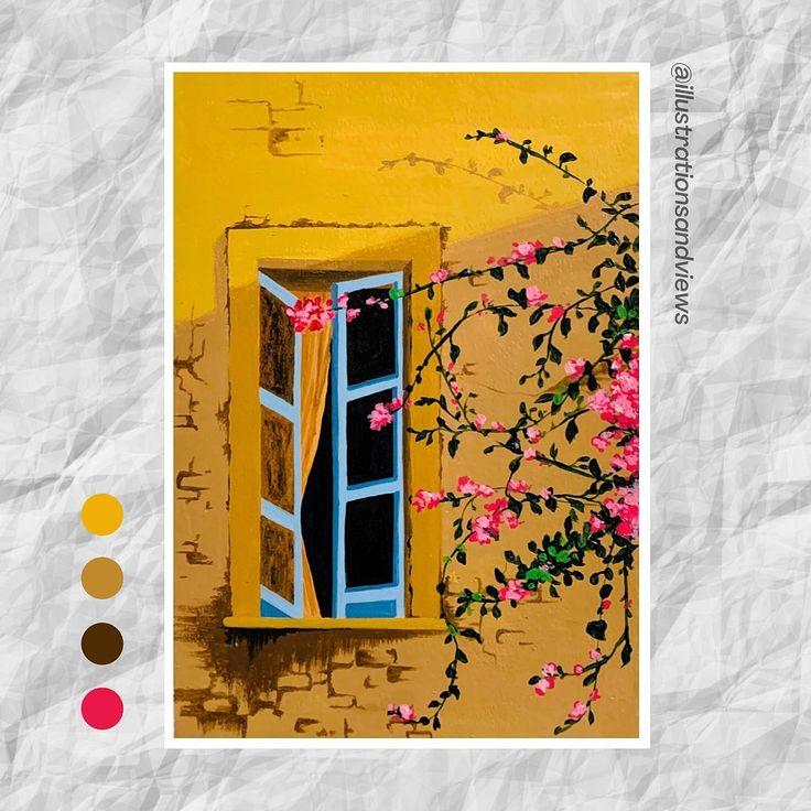 a painting of an open window with pink flowers on the outside and yellow walls behind it