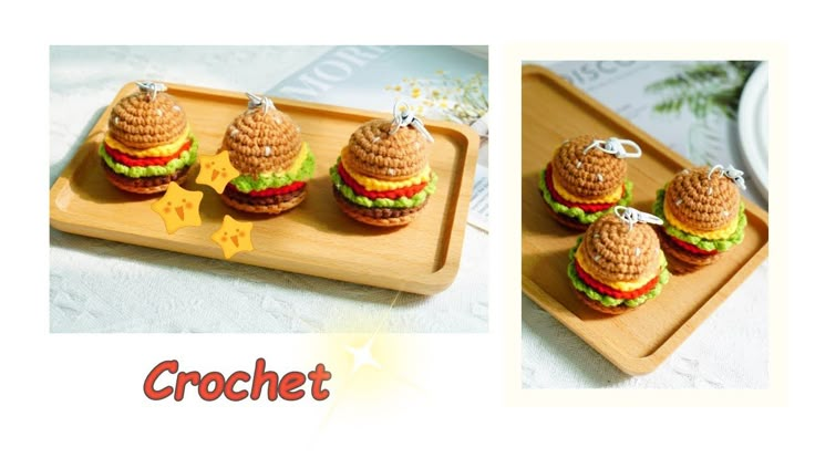 there are three hamburgers on the tray with little stars around them, and one is made out of crochet