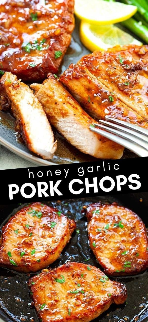 honey garlic pork chops in a skillet with lemon wedges