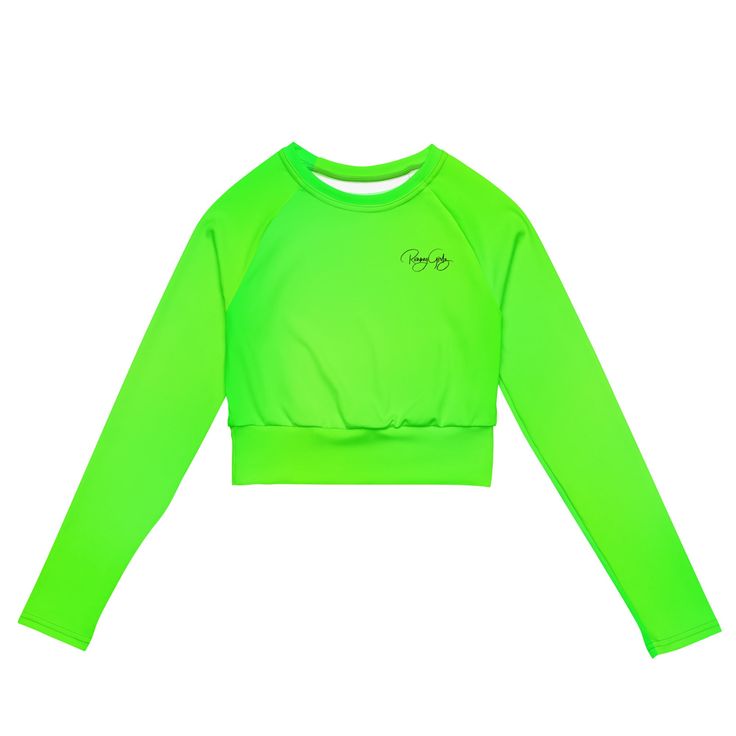 This long-sleeve crop top is made of recycled polyester and elastane, making it an eco-friendly choice for swimming, sports, or athleisure outfits. The crop top has a tear-away care label and a wide, double-layered waistline band for a comfortable fit. Solid color with "Runway Girlz" on the side. • Fabric composition in Europe: 88% recycled polyester, 12% elastane • Fabric weight in Europe: 6.78 oz/yd² (230 g/m²) • Fabric composition in Mexico: 81% REPREVE recycled polyester, 19% LYCRA® XTRA LIF Fitted Green Rash Guard, Green Cropped Activewear For Sports, Green Cropped Sports Crop Top, Green Sporty Rash Guard, Green Fitted Sporty Rash Guard, Green Long Sleeve Rash Guard For Swimming, Green Stretch Rash Guard For Sports, Green Sports Crop Top, Sporty Green Crop Top For Spring