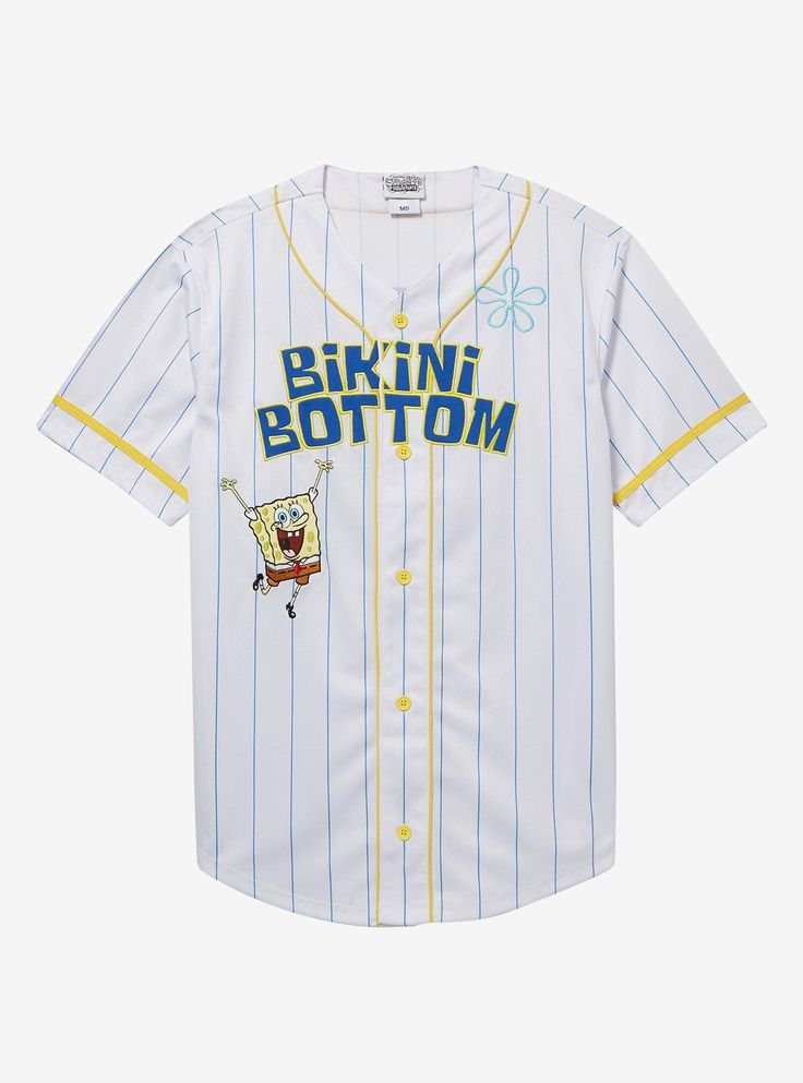 Gear up for the Fry Cook Games with the perfect top on! This SpongeBob SquarePants baseball jersey has a striped design with SpongeBob and "Bikini Bottom" on the front  plus his last name and "99" on the back.100% polyesterWash cold; dry lowImportedListed in men'sunisex sizes Summer Sports Tops With Contrast Stripes, Summer Sports Top With Contrast Stripes, White Vertical Stripes Top For Beach, White Baseball Collar Top For Summer, Casual Striped Tops For Baseball Season, White Summer Top With Baseball Collar, Casual White Baseball Jersey With Contrast Stripes, White Tops With Three Stripes And Baseball Collar, Casual Cotton Baseball Jersey With Three Stripes