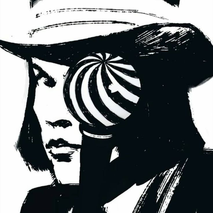 a black and white drawing of a man wearing a top hat with an unusual design on it