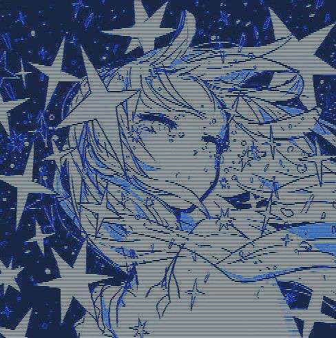 a blue and white drawing of a girl with stars on her head in the background