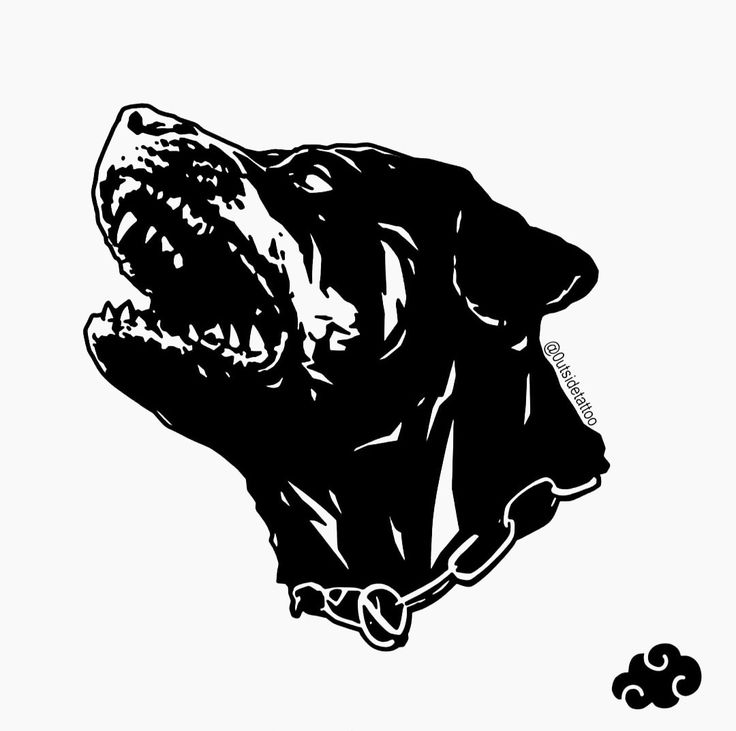 a black and white drawing of a dog's head with it's mouth open