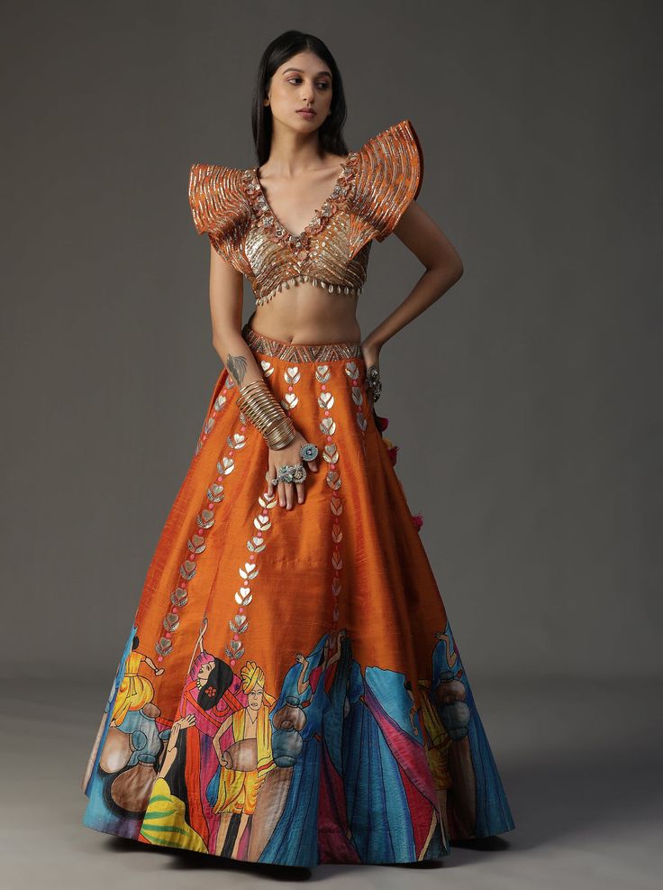 Burnt orange hand painted lehnga set – shopnavaa Orange Designer Palazzo Set For Navratri, Orange Resham Embroidered Palazzo Set For Festivals, Navratri Orange Palazzo Set With Gota Work, Orange Semi-stitched Palazzo Set For Navratri, Orange Palazzo Set With Gota Work For Navratri, Orange Cutdana Palazzo Set For Festivals, Orange Palazzo Set For Wedding And Festivals, Designer Orange Sharara For Navratri, Orange Chanderi Set With Gota Work