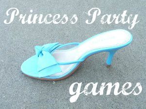 a pair of blue shoes with the words princess party games written on them