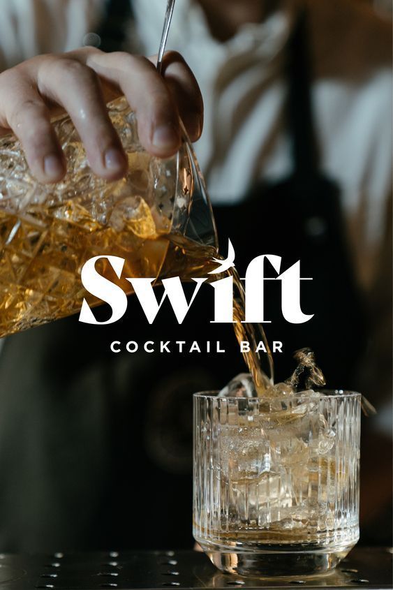 a man is pouring a drink into a glass with the words swift cocktail bar on it