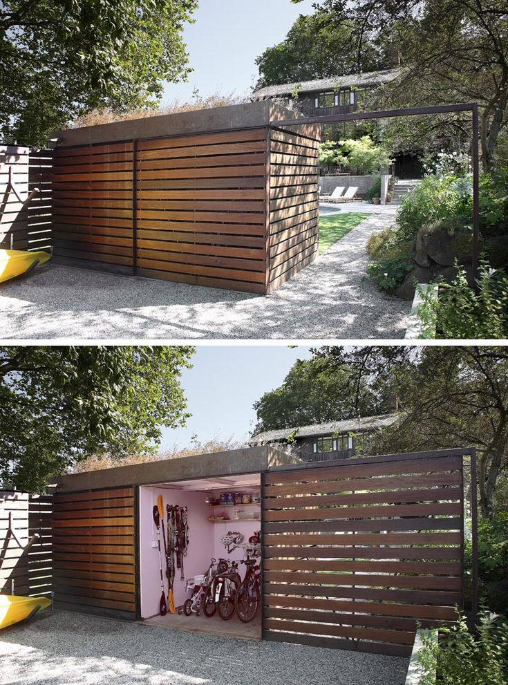 two pictures of the outside of a house with wooden slats and bicycles in it