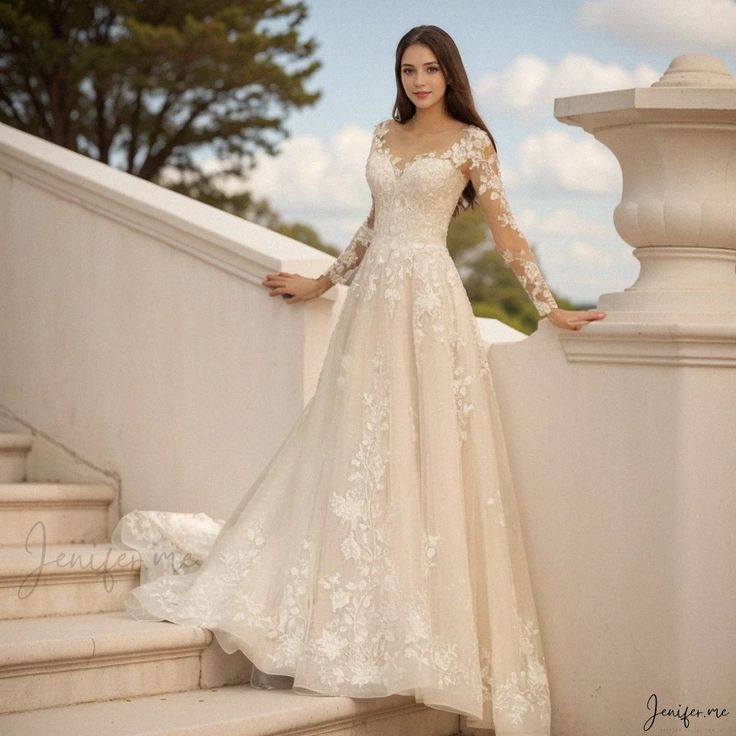 a woman is standing on some steps wearing a dress with long sleeves and an open back