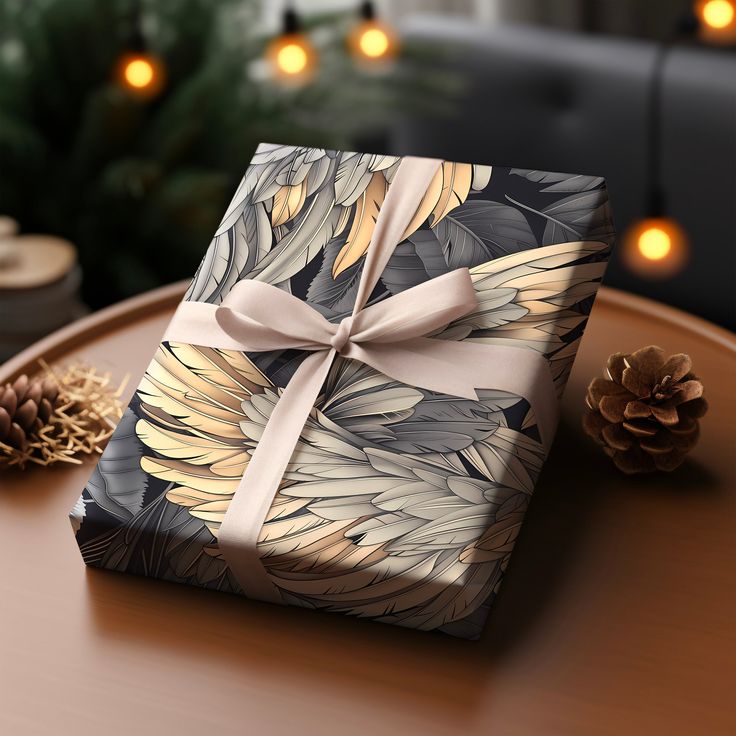 a wrapped present sitting on top of a table next to pine cones and christmas lights