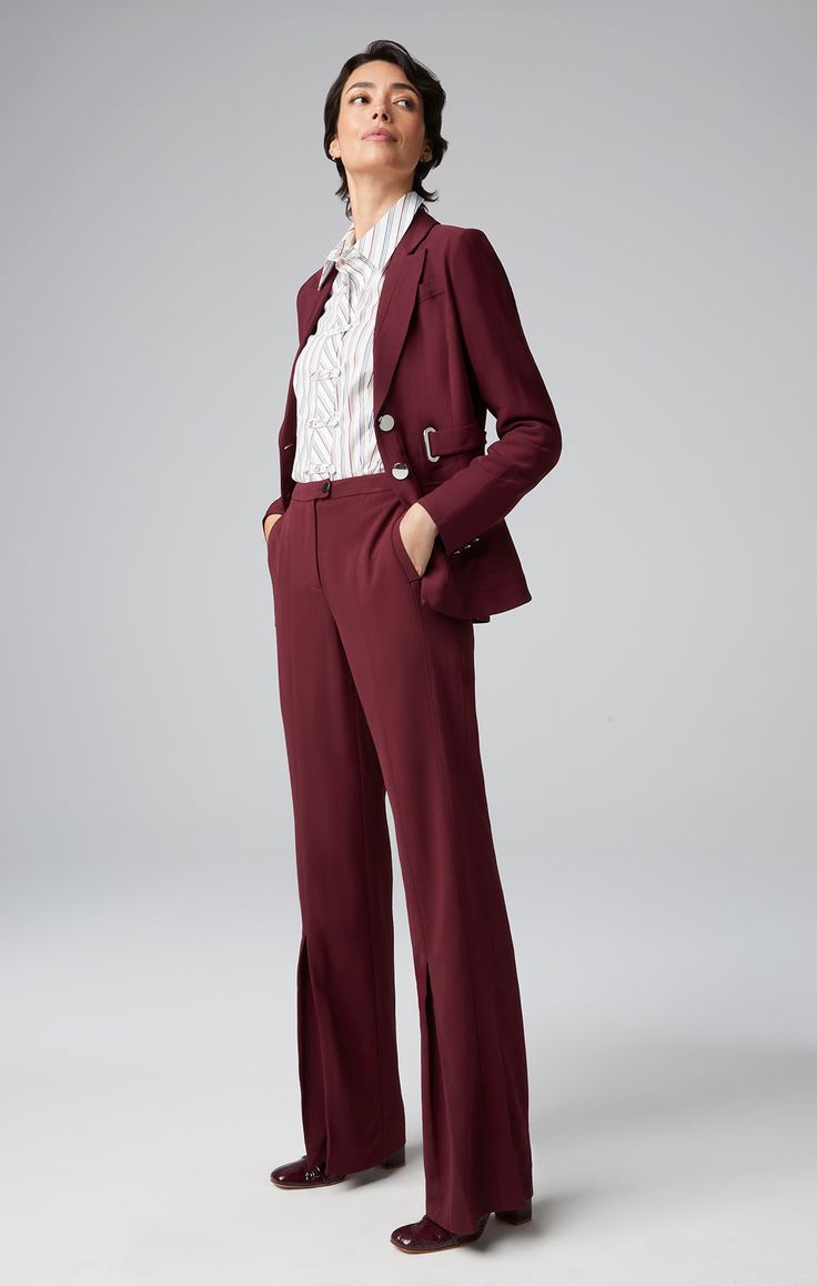 Express your refinement in cabernet trousers in deluxe Japanese crepe. The clean-lined silhouette, the skinny leg with front slits, and side panels elevate with exquisite craftsmanship. Japanese Crepes, Fall Collections, Winter Collection, Panel Siding, Wide Leg, Shopping Outfit, Trousers, Style Inspiration