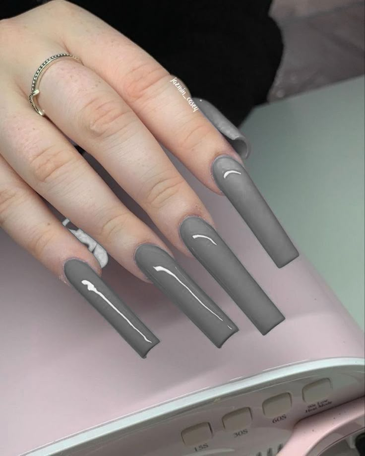 Grey Nails Square Long, Matte Square Nails Long, Xl Solid Color Nails, Plain Xl Acrylic Nails, Grey Long Acrylic Nails Square, Gray Square Acrylic Nails, Long Square Acrylic Nails Gray, Long Grey Acrylic Nails, Grey Long Acrylic Nails