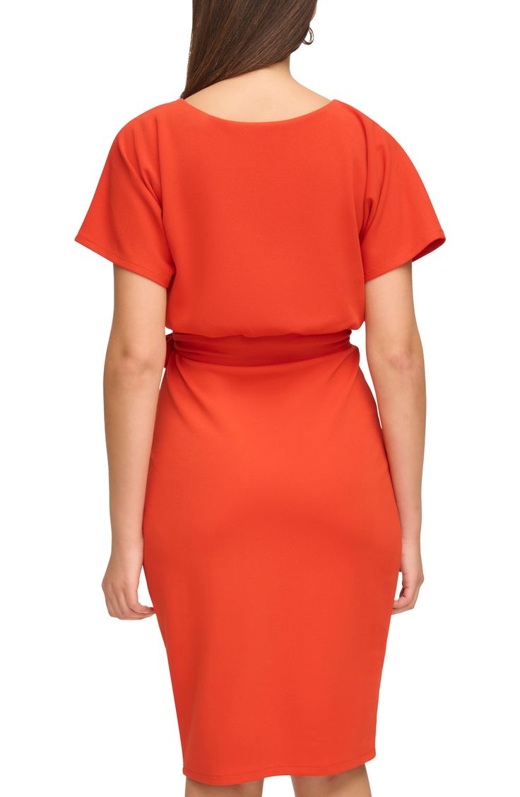 A minimalistic, ultra-refined dress framed by an envelope hemline and short sleeves is styled with a defining waist belt. Bateau neck Short sleeves 95% polyester, 5% spandex Hand wash, dry flat Imported Model stats: 5'10" height, 32" bust, 25" waist, 36" hip. Model is wearing size 4. Spring Short Sleeve Fitted Belted Dress, Elegant Short Sleeve Belted Dress With Tie Waist, Summer Formal Belted Dress With Short Sleeves, Formal Summer Belted Dress With Short Sleeves, Formal Short Sleeve Belted Dress For Summer, Modern Formal Mini Dress With Short Sleeves, Spring Belted Short Sleeve Dress, Short Sleeve Belted Dress For Work, Chic Short Sleeve Belted Dress For Formal Occasions