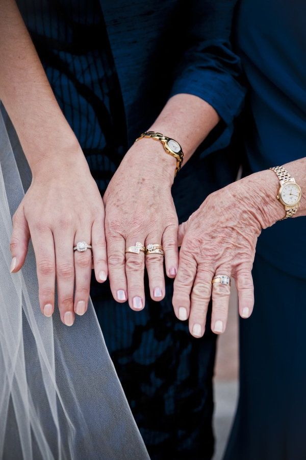 two older women holding hands with wedding rings on their fingers and one wearing a veil