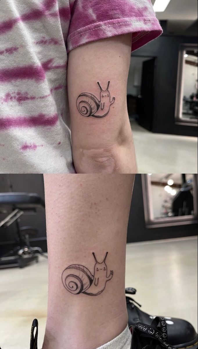 two small tattoos on the arms of people, one with a snail and one with a cat