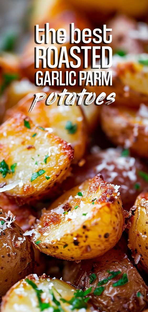 the best roasted garlic parm potatoes recipe is in this postcard style photo with text overlay