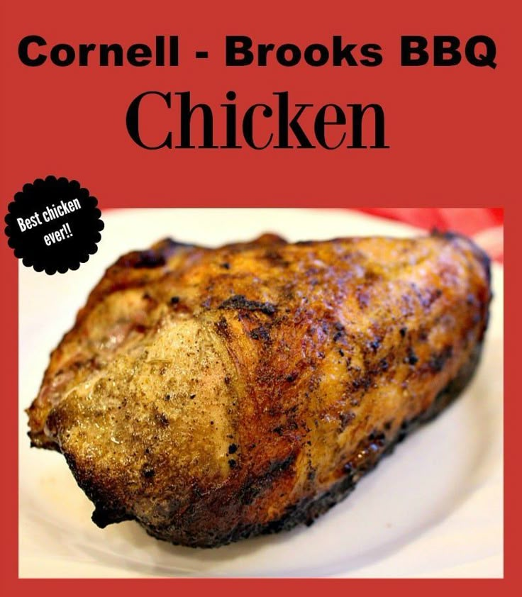 the chicken is cooked and ready to be eaten on the plate with text that reads cornel - brooks bbq chicken