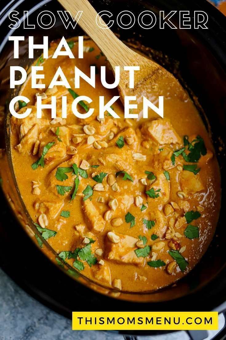 slow cooker thai peanut chicken with text overlay