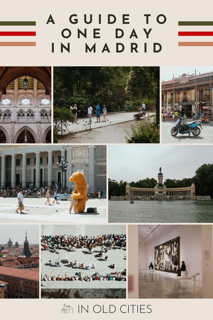 a collage of photos with the words, a guide to one day in madrid