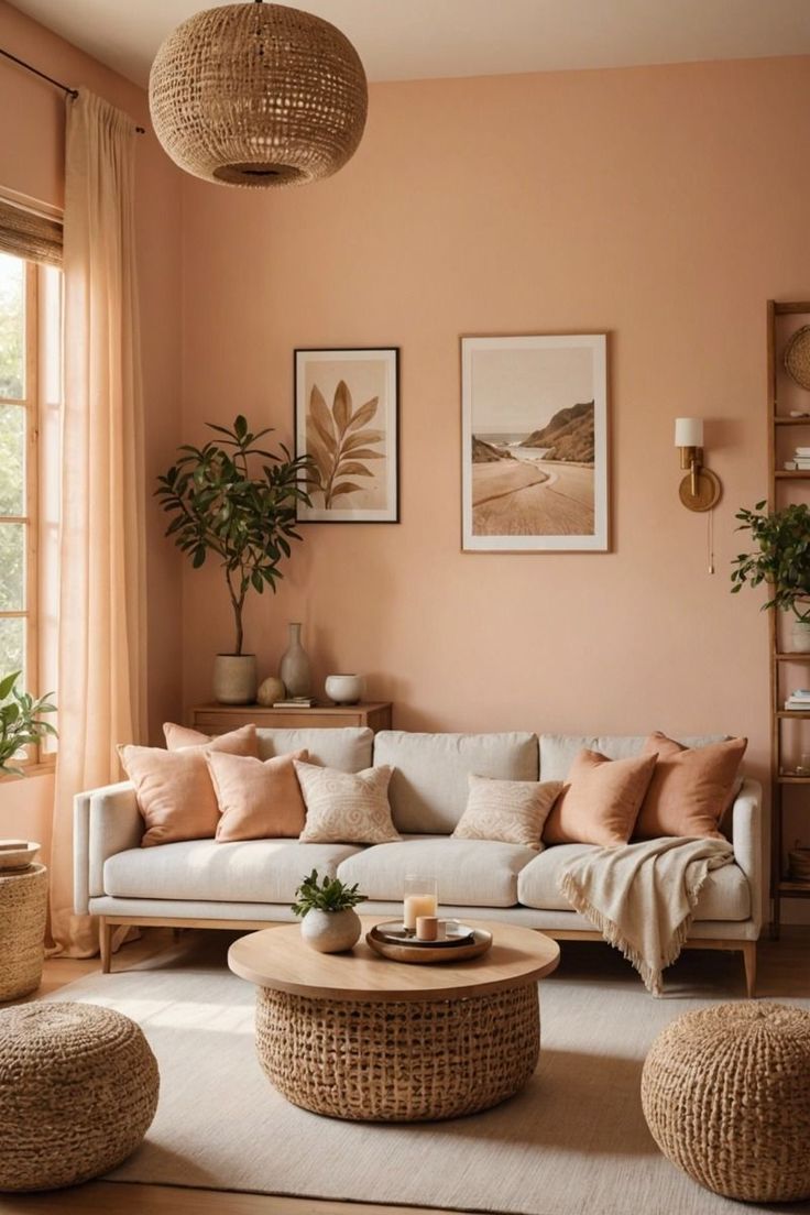 a living room with pink walls and wicker furniture