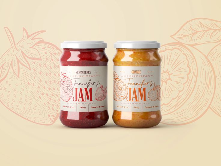 two jars of jam are sitting side by side on a beige background with floral designs