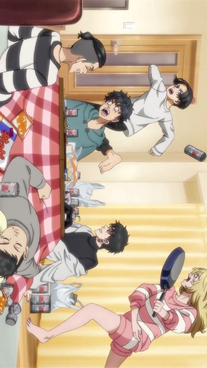 an anime scene with many people in the room and one person laying on the floor