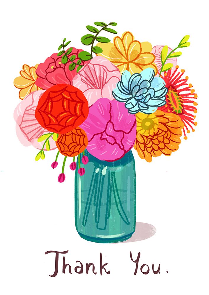 a bouquet of colorful flowers in a blue vase with the words thank you on it