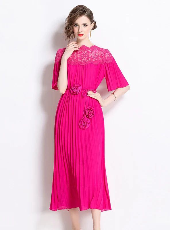 Holistically radiant and strikingly vivid, this fuchsia dress captures the essence of confident femininity. Crafted from sumptuously smooth fabric, it features a pleated design that cascades elegantly from the lace-adorned neckline to the mid-calf hem, ensuring every movement is a statement of grace. The sheer lace at the yoke adds a touch of romantic allure, subtly exposing the skin while keeping the overall look demure. Floral rosettes at the waist provide a bespoke touch, making it a standout Lace Embroidery Dress, Vibrant Dress, Fuchsia Dress, Woman Looking, High Neck Long Sleeve, Long Sleeve Lace Dress, Black Long Sleeve Dress, Fuchsia Color, Long Shirt Dress