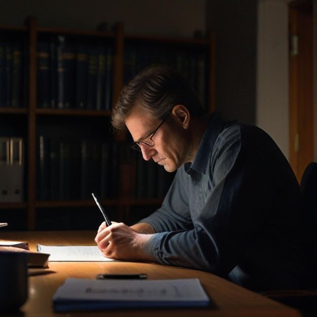 a man sitting at a desk writing on a piece of paper with a pen in his hand