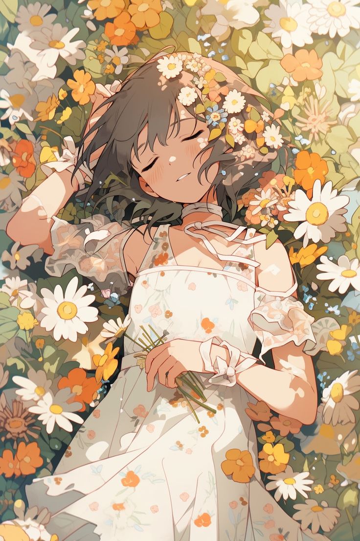 a woman in a white dress is surrounded by daisies and other wildflowers